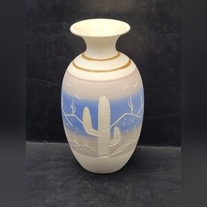 Vintage Signed Acevloza Mexican Pottery Vase Desert Scene 5.75" Made In Mexico